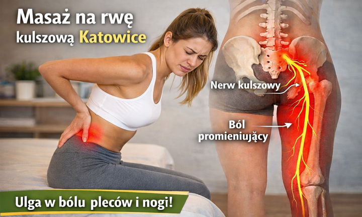 Kobieta z bólem lędźwi i pośladka – anatomia nerwu kulszowego, masaż na rwę kulszową Katowice.png