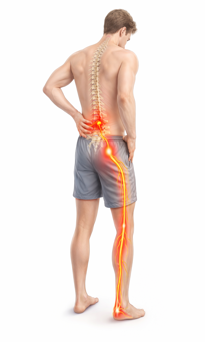 Stojący mężczyzna z bólem odcinka lędźwiowego – podświetlony przebieg nerwu kulszowego (rwa kulszowa) na skutek dyskopati.png